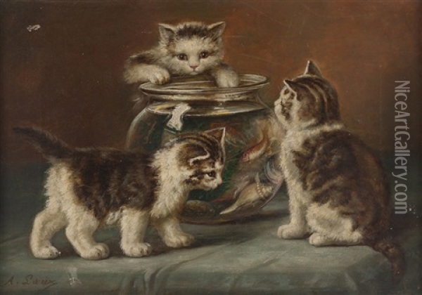 Three Kittens Surrounding A Fish Bowl Oil Painting - August Laux
