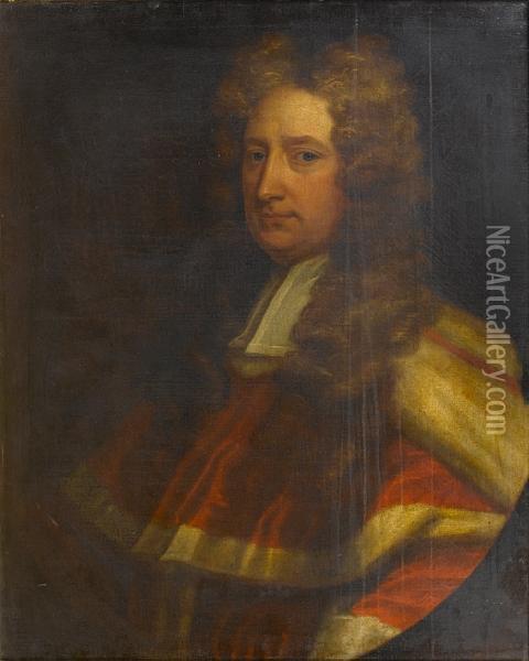 Portrait Of A Gentleman, Purported To Be Sirarthur Gore Of Newton Gore, Bust-length, In Judge's Robes, Within Apainted Oval Oil Painting - James Latham