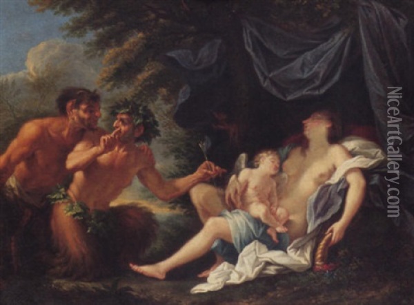 Two Satyrs Stealing Cupid's Arrows As He Sleeps In The Lap Of Venus Oil Painting - Filippo Lauri