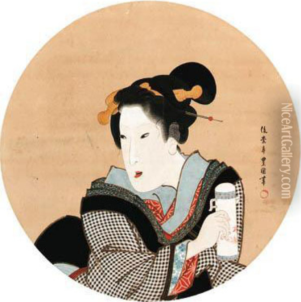 Beauty In A Round Window Oil Painting - Toyokuni