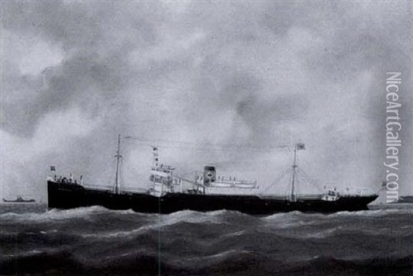 An American Steamship Leaving Port Oil Painting - Edouard Adam