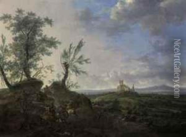 Landscape With A Battle Skirmish Oil Painting - Frederick De Moucheron