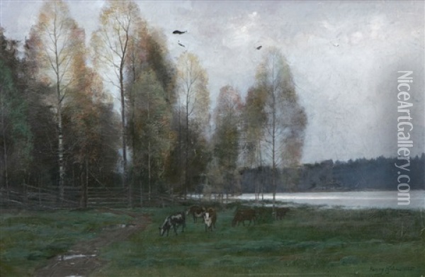 Landskap Med Betande Kor Oil Painting - Fanny Elisabeth Wilhelmina Hjelm