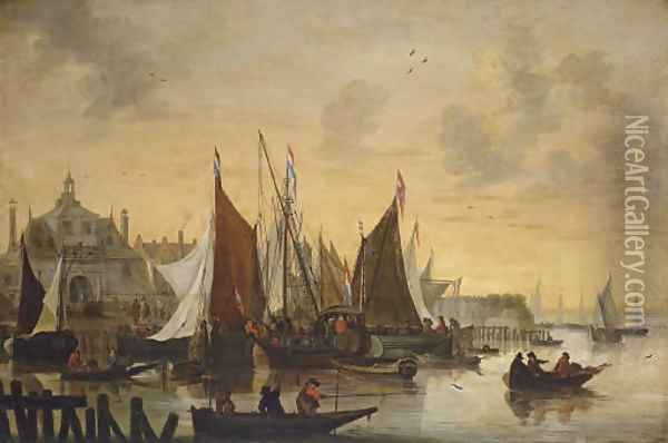 View of the Oude Hoofdpoort, Rotterdam, with sportsmen shooting duck in the foreground Oil Painting - Hendrick De Meijer