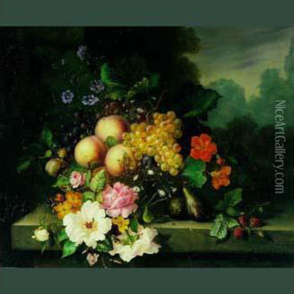 Nature Morte De Fruits Et Fleurs Disposes Sur Un Entablement Oil Painting - Ange Louis Guillaume Lesourd De Beauregard