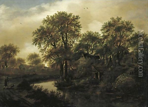 A Landscape With A Stream, Cottages In A Wood, And A Peasant With His Dog On A Path Oil Painting - Meindert Hobbema