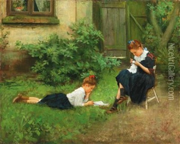 Leisure Hours Of Two Girls In The A Garden Oil Painting - Hermann Seeger