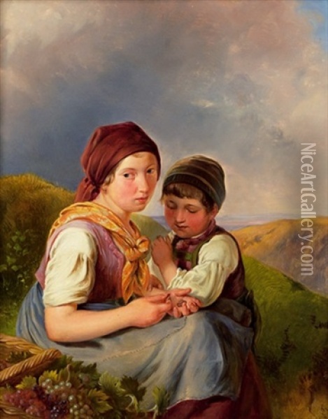 Zwei Kinder Oil Painting - Johann Matthias Ranftl