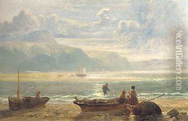 Fisherfolk on a beach Oil Painting - John Wright Oakes