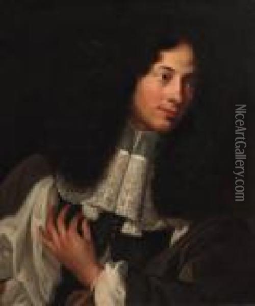 Portrait Of A Gentleman, 
Half-length, In A Grey Coat With Slashedsleeves And A Lace Jabot Oil Painting - Sebastian Bourdon