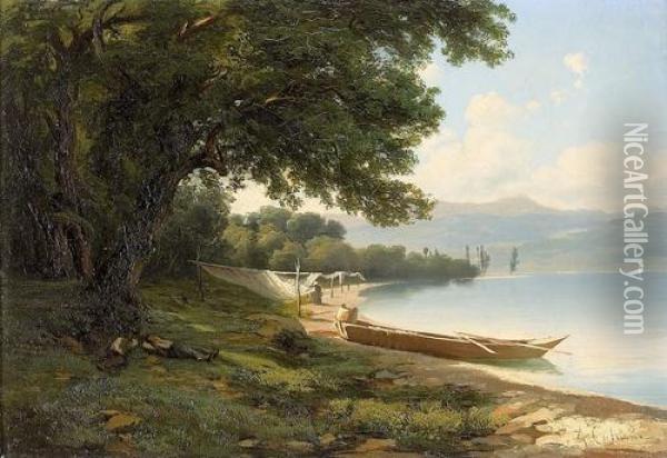 Kleine Bucht Am Genfersee Mit Ruderkahn Und Fischernetzen. Oil Painting - Alexandre Calame