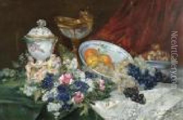 Still Life With Bowl Of Fruit, Flowers And Porcelain Figures. Oil Painting - Eugene Henri Cauchois