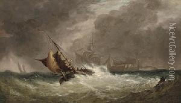 A Fishing Vessel In Rough Seas Oil Painting - William E.D. Stuart