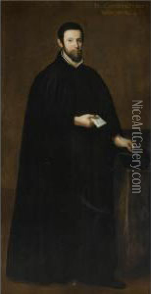 Portrait Of A Gentleman, Full 
Length, Wearing A Black Cloak And Holding A Black Hat And A Letter Oil Painting - Scipione Pulzone