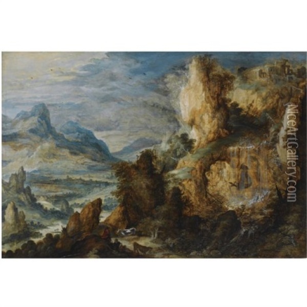 A Panoramic Mountainous Landscape, With Two Shepherds And Their Cattle Resting Along A Path In The Foreground Oil Painting - Kerstiaen de Keuninck