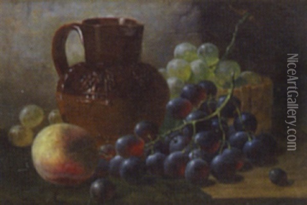 Still Life Of An Earthenware Jug And Fruit Displayed On A Table Oil Painting - John Augustus Thelwall