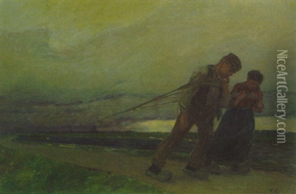 Flusaufwarts (die Treidler) Oil Painting - Friedrich Kallmorgen