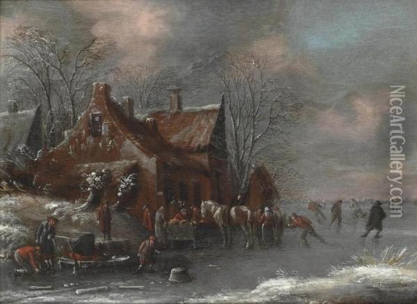 A Winter Landscape With Figures Skating On A Frozen River By A Village Oil Painting - Thomas Heeremans
