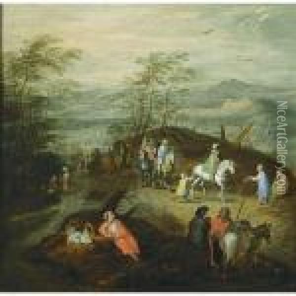 An Extensive Hilly Wooded 
Landscape With Horsemen And Gypsies, And Travellers, Horsemen And 
Figures In A Horse-drawn Wagon All On Path In The Background Oil Painting - Jan Brueghel the Younger