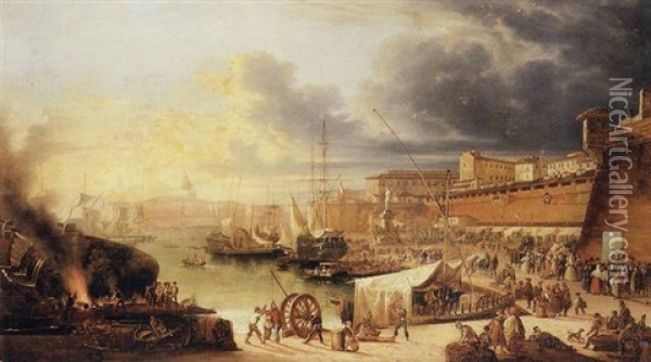 A Capriccio Of A Walled Harbour (valletta, Malta?) Oil Painting - Giuseppe Canella I