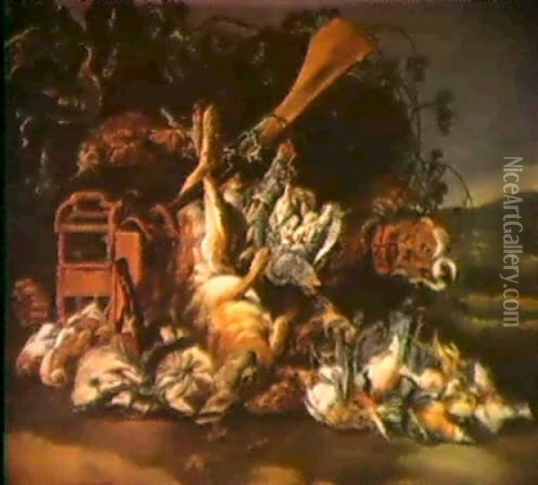 Jagdstilleben Mit Erlegten Vogeln Und Einem Hasen,          Bewacht Von Einem Huhnerhund Oil Painting - Jan Fyt