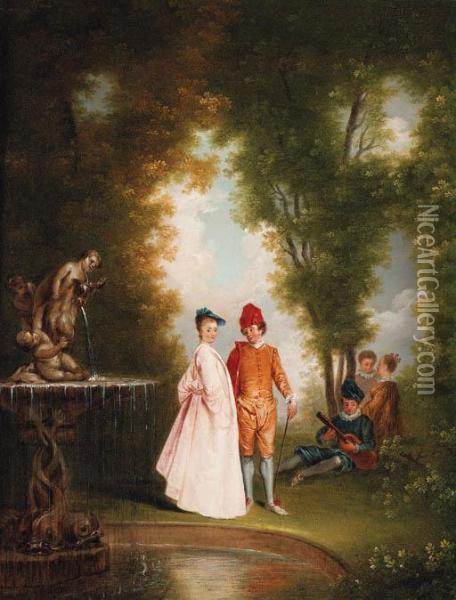 An Elegant Couple By A Sculpted Fountain Oil Painting - Watteau, Jean Antoine