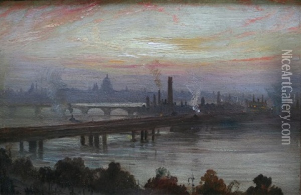 Charing Cross Bridge (+ Westminster; Pair) Oil Painting - George Hyde Pownall