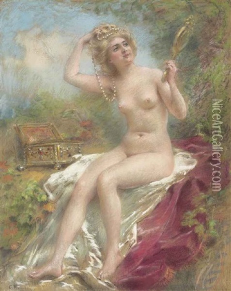 Seated Nude Looking In A Mirror Oil Painting - Konstantin Egorovich Makovsky