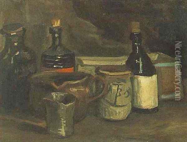 Still Life With Bottles And Earthenware Oil Painting - Vincent Van Gogh