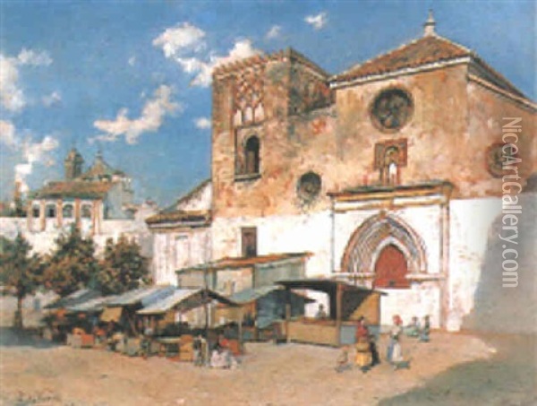 Figures In A Market Before A Church Oil Painting - Pedro Vega Y Munoz