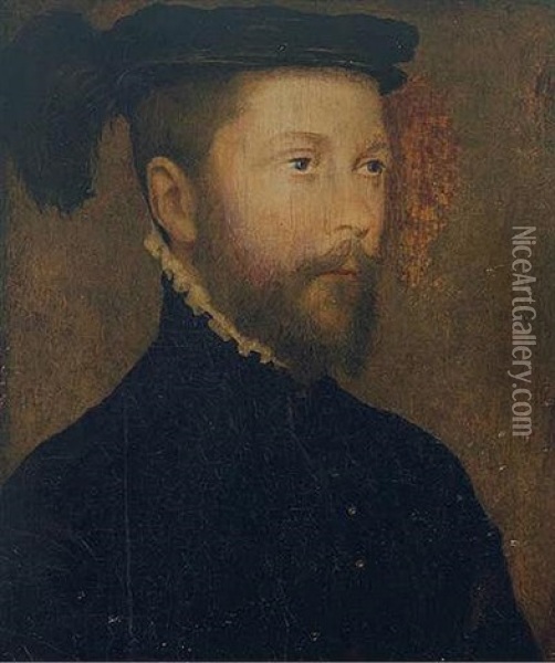 Portrait Of A Gentleman In A Black Coat And Feathered Black Hat Oil Painting -  Corneille de Lyon