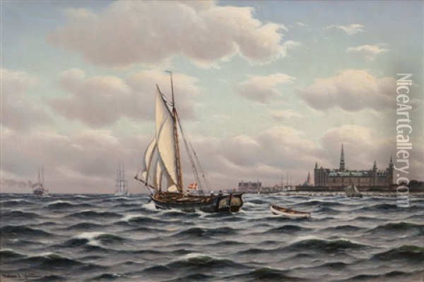 Sailing Ships Off Kronborg Castle Oil Painting - Johan Jens Neumann