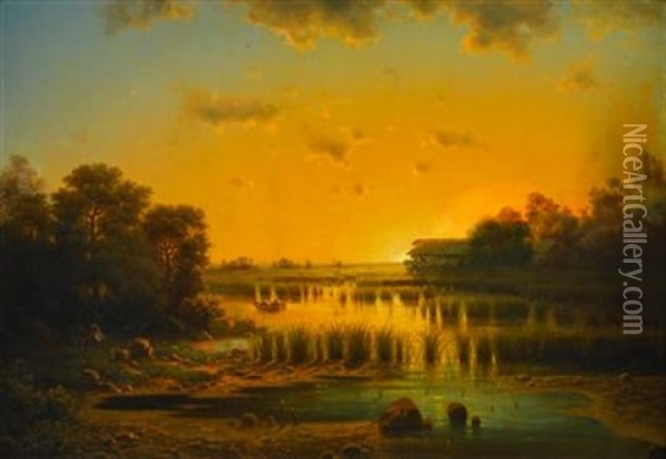 Sunset In A Marsh Oil Painting - Anton Pick