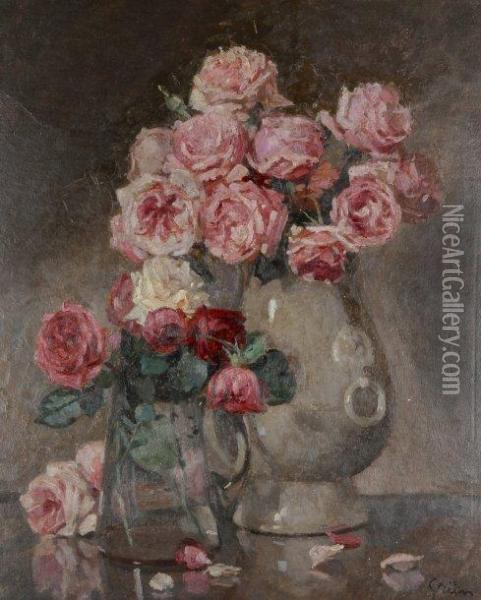 Vase Aux Roses Oil Painting - Jules-Alexandre Grun