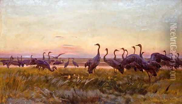 Greeting of the Sun - Cranes Oil Painting - Jozef Chelmonski