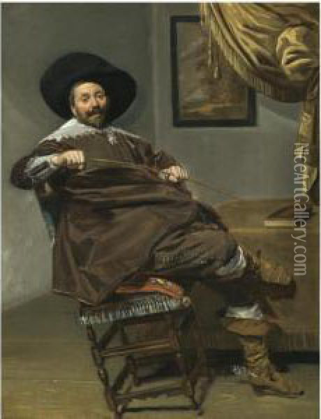 Portrait Of Willem Van Heythuysen, Seated On A Chair And Holding Ahunting Crop Oil Painting - Frans Hals