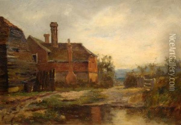 A Farmhouse And Barn Beside A Duck Pond Oil Painting - Lionel Birch