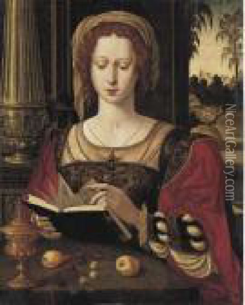 Mary Magdalene Reading, Seated In An Interior, Before An Open Window Oil Painting - Pieter Coecke Van Aelst