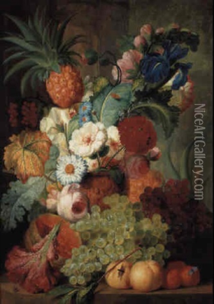Roses And Other Flowers With Fruit In A Sculpted Vase On A Marble Ledge Oil Painting - Jan van Os
