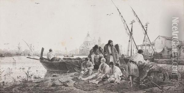 Fischergruppe Bei Ihren Booten Vor Venedig Oil Painting - Andreas Achenbach