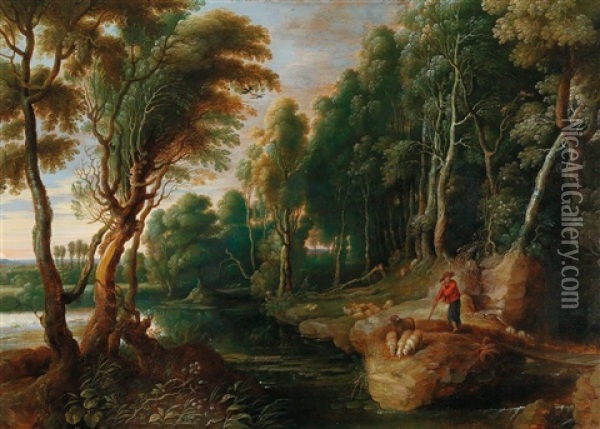 A Wooded Landscape With A Shepherd And His Flock At A Well Oil Painting - Lucas Van Uden