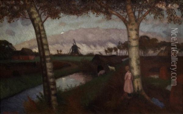 Mondaufgang, Weimar (girl Between Birch Trees) Oil Painting - Otto Modersohn
