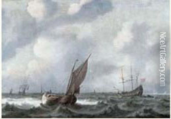 Barques Et Navires Hollandais Dans Une Mer Agitee Oil Painting - Simon De Vlieger