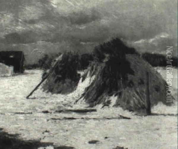 Haystacks In Winter Oil Painting - Charles H. Freeman