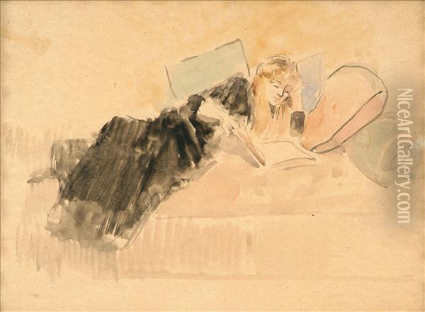 A Reclining Girlreading A Book Oil Painting - Jean-Louis Forain