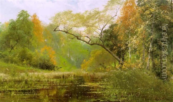 Syksyinen Metsa Oil Painting - Arvid Mauritz Lindstroem