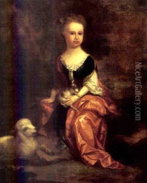 Portrait Of A Girl, In A Landscape, A Dog On Her Lap With A Lamb By Her Side Oil Painting - Thomas Murray