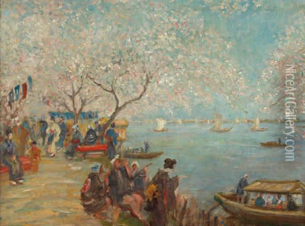 La Fete Des Cerisiers A Mukojima, Tokio Oil Painting - Georges Ferdinand Bigot
