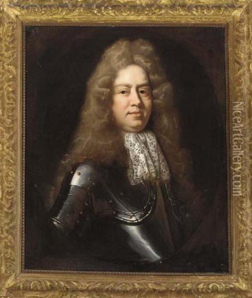 Portrait Of A Gentleman, Half-length, In A Lace Jabot And Armour, In A Feigned Oval Oil Painting - Sir Godfrey Kneller
