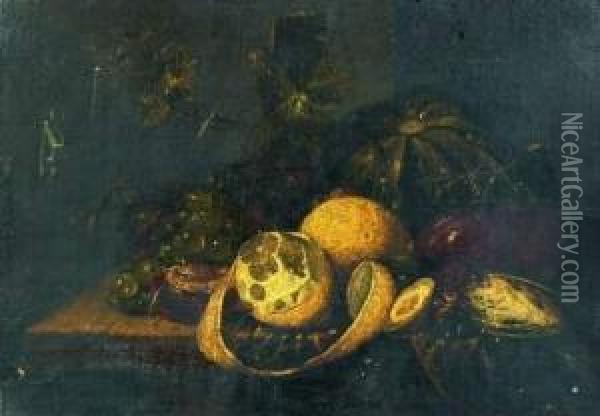 Nature Morte De Peche, Raisin, Pasteque Et Citron Sur Un Entablement Oil Painting - Guilliam van Deynum